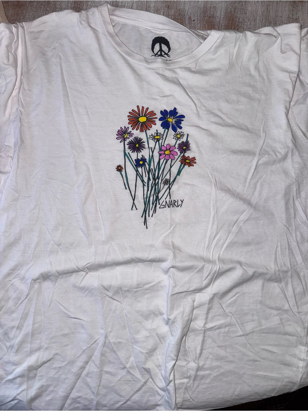 Gnarly White Short Sleeve Tee with Colorful Floral Bouquet Graphic